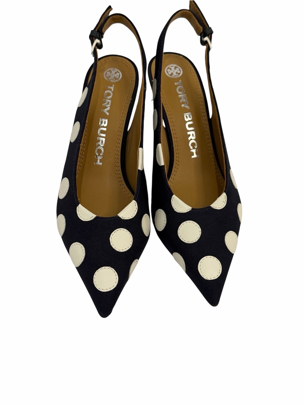 Tory Burch Polka Dot Slingback Heels Size 6M Navy White Pointed Toe Kitten Heel - Picture 2 of 16